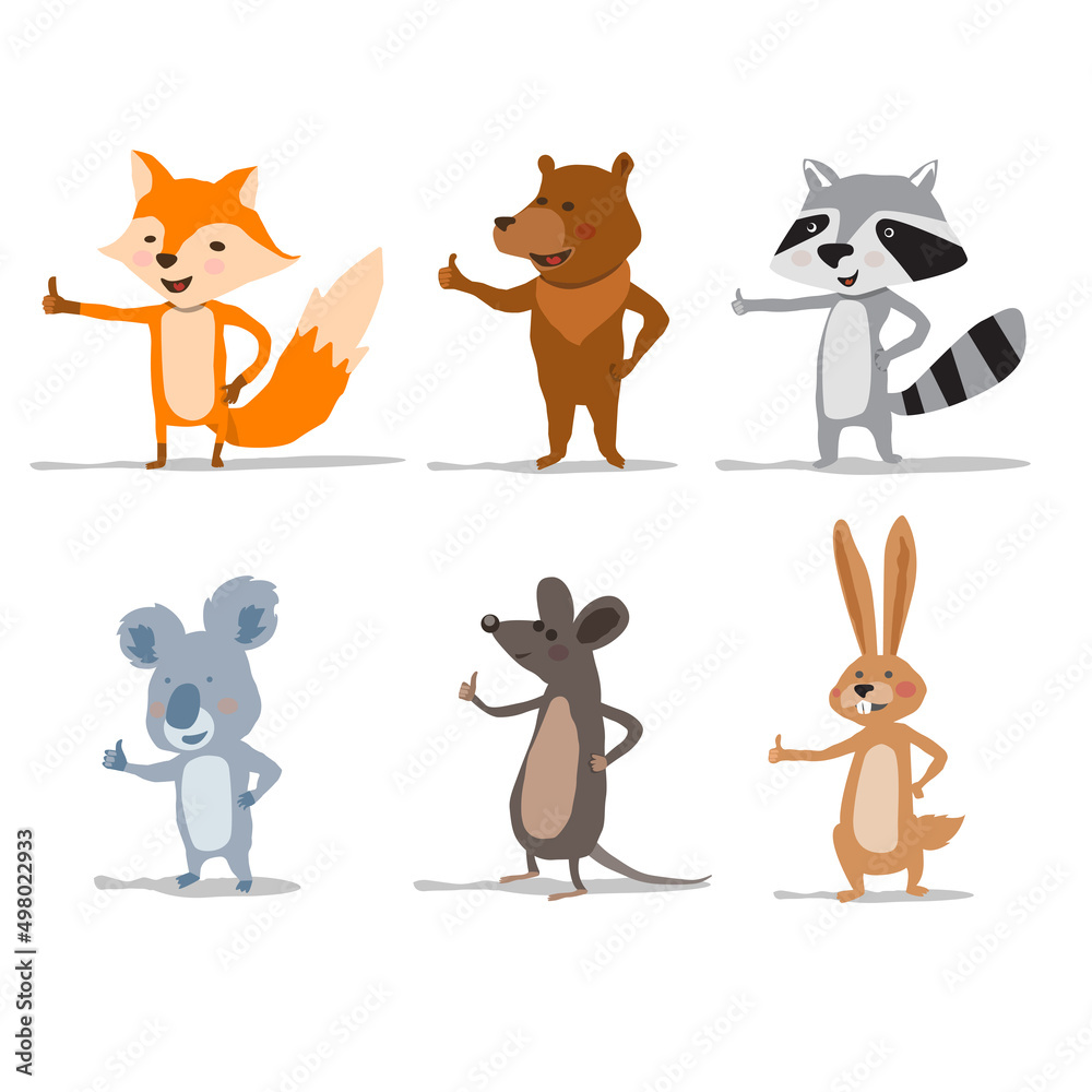 Fototapeta premium fox mongoose bear coala rabbit mouse racoon thumb up cute animals