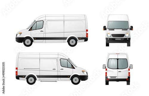 White cargo van, front, rear, right, left view. Cargo van.