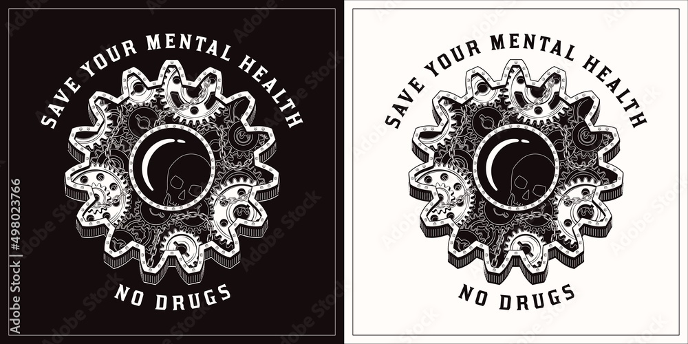 Monochrome gear label in vintage style with gears, metal rail, rivets.  Silhouette of skull inside of lens. Concept of healthy life without drugs  Stock Vector | Adobe Stock