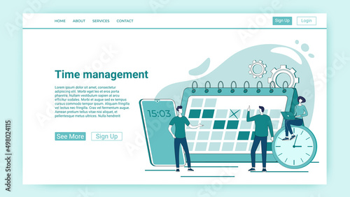 Time management.People on the background of the calendar plan business tasks.An illustration in the style of a green landing page.