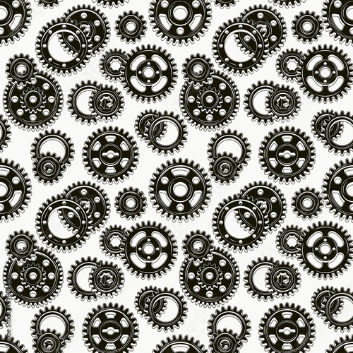Monochrome seamless mechanical pattern with black machine gears on a white background. Steampunk style.