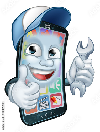 Mobile Phone Repair Spanner Thumbs Up Cartoon