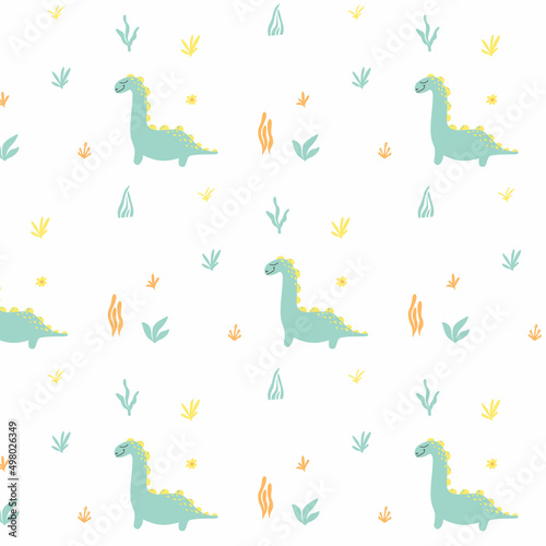 Childish seamless pattern with dinosaurs. Hand-drawn pattern with cute dino. Vector illustration. The pattern is suitable for fabrics  wrapping paper and prints.
