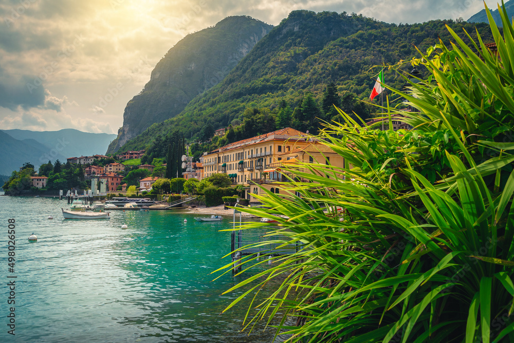 Anchored boats and waterfront buildings, lake Como, Menaggio, Italy