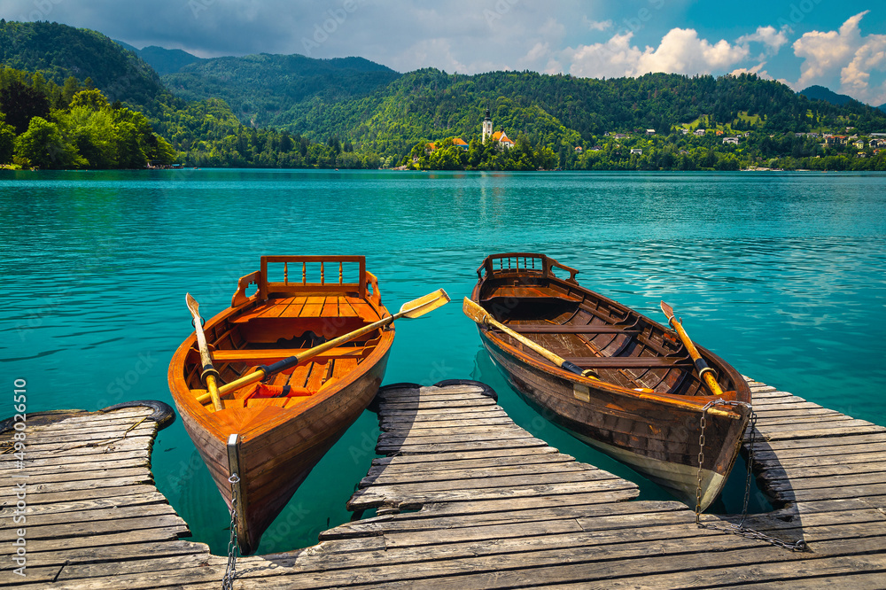 Moored wooden rowing boats on the lake Bled, Slovenia