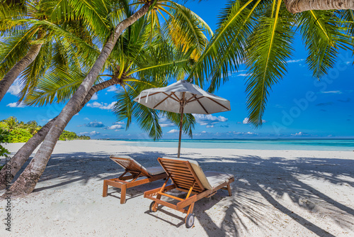 Sunny tropical beach nature, summer island with lounge chairs and palm tree leaves. Amazing sea view, horizon. Luxury travel landscape, beautiful destination scenic, exotic vacation or couple holiday © icemanphotos