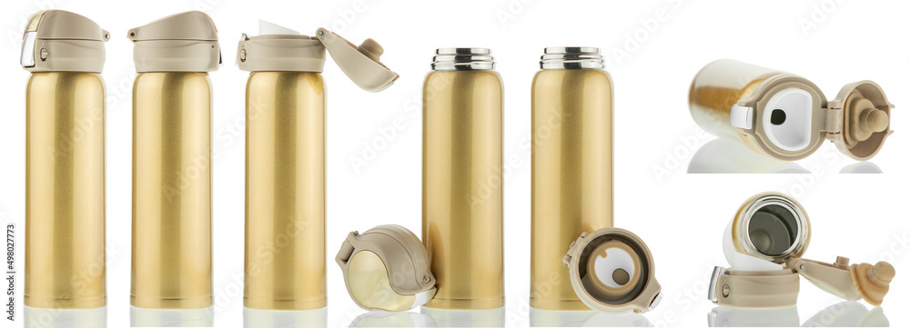 Metal thermos on an isolated background close-up. Thermos lid open, closed,  removed. Travel thermo mug for tea or coffee. Clean template for layout.  Beverage container. Stock Photo | Adobe Stock