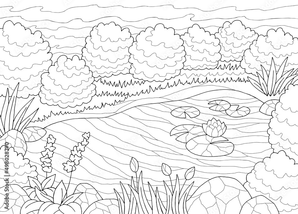 Pond coloring graphic black white landscape sketch illustration vector