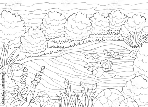 Pond coloring graphic black white landscape sketch illustration vector