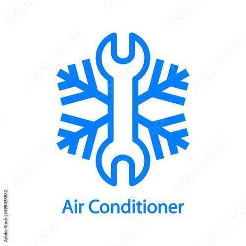 Reparación y servicio de aire acondicionado. Logo con texto Air Conditioner con llave con líneas con forma de copo de nieve en color azul