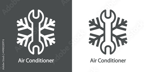 Reparación y servicio de aire acondicionado. Logo con texto Air Conditioner con llave con líneas con forma de copo de nieve en fondo gris y fondo blanco