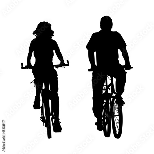 Couple cyclists silhouette isolated on white background. People ride bicycles. Two cyclist riding bicycle front view. Biker family outdoor in bike driving. Urban leisure activities.Vector illustration