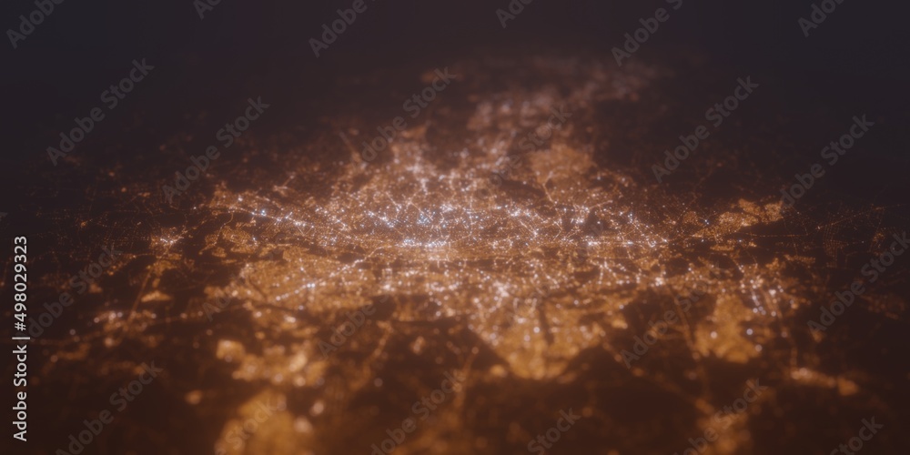 Fototapeta premium Street lights map of Johannesburg (South Africa) with tilt-shift effect, view from south. Imitation of macro shot with blurred background. 3d render, selective focus