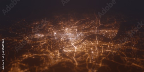 Street lights map of Hangzhou (China) with tilt-shift effect, view from south. Imitation of macro shot with blurred background. 3d render, selective focus