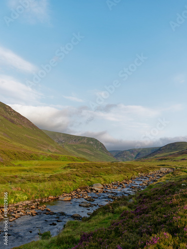 Looking up the Water of Saughs at the start of Glen Lethnot high up in the Angus Glens on a fine Summers Morning.