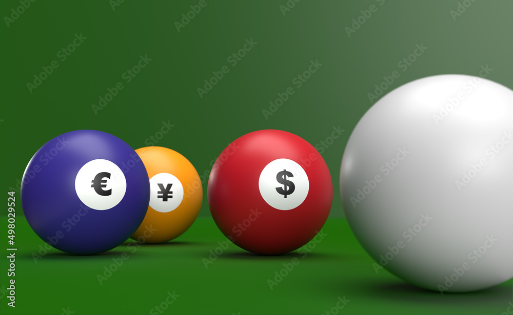billiard balls with the currency symbols for dollar, euro and renminbi instead of the usual numbers as a symbol for currency speculation. 3D rendering billiard balls with the currency symbols for dollar, euro and renminbi instead of the usual numbers as a symbol for currency speculation. 3D rendering