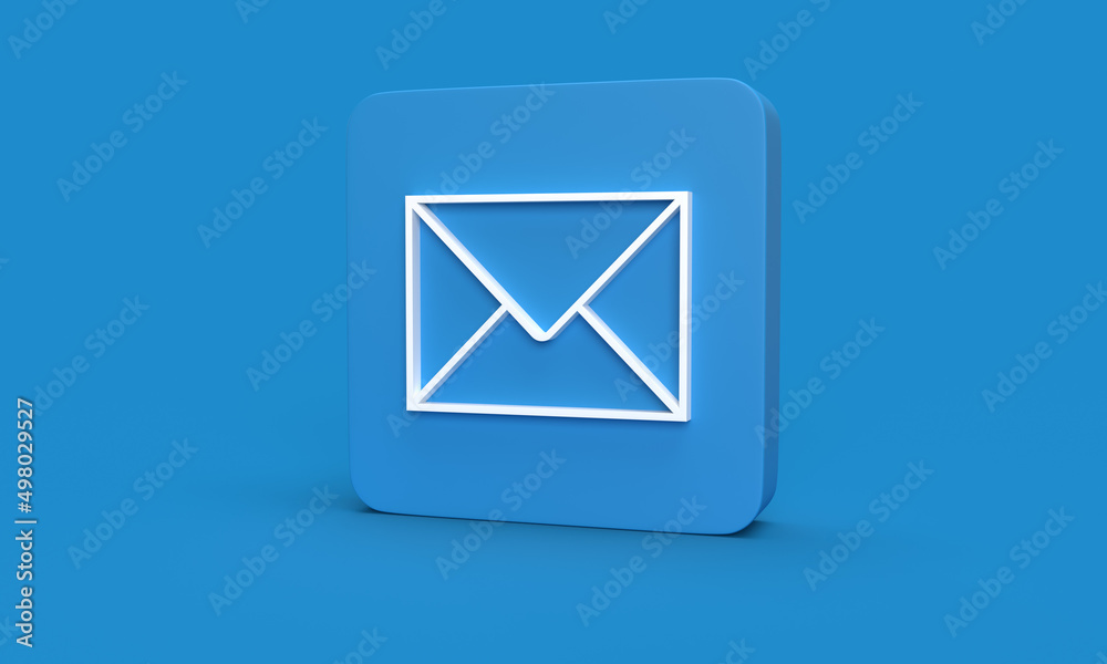 white envelope icon on rounded rectangle against light blue background. 3D rendering white envelope icon on rounded rectangle against light blue background. 3D rendering