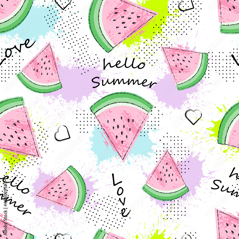 girls summer pattern with watermelon pieces, blots,hearts, and text girls summer pattern with watermelon pieces, blots,hearts, and text