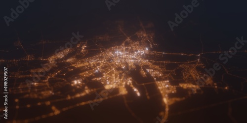 Street lights map of Al Ain (UAE) with tilt-shift effect, view from south. Imitation of macro shot with blurred background. 3d render, selective focus photo