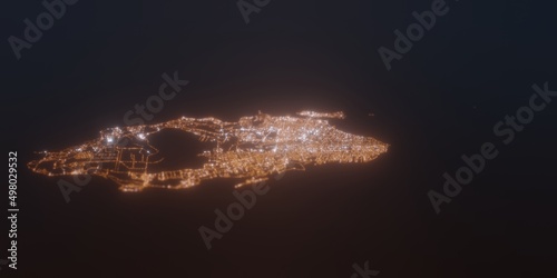 Street lights map of Nassau (Bahamas) with tilt-shift effect, view from south. Imitation of macro shot with blurred background. 3d render, selective focus