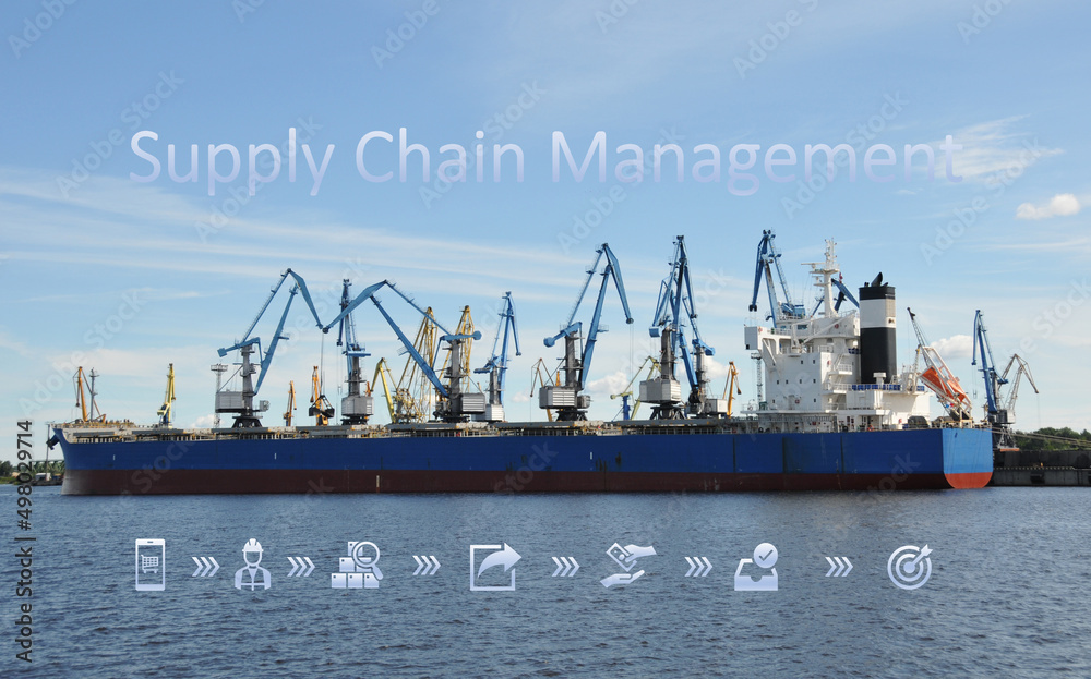 Obraz premium Blue and red ship loaded by port cranes with bulk material in a sea harbor with supply chain text and icons on top and bottom of the photo