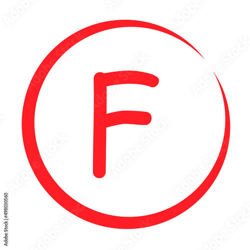 Grade result F. Hand drawn icon in red color. Test exam mark report vector illustration