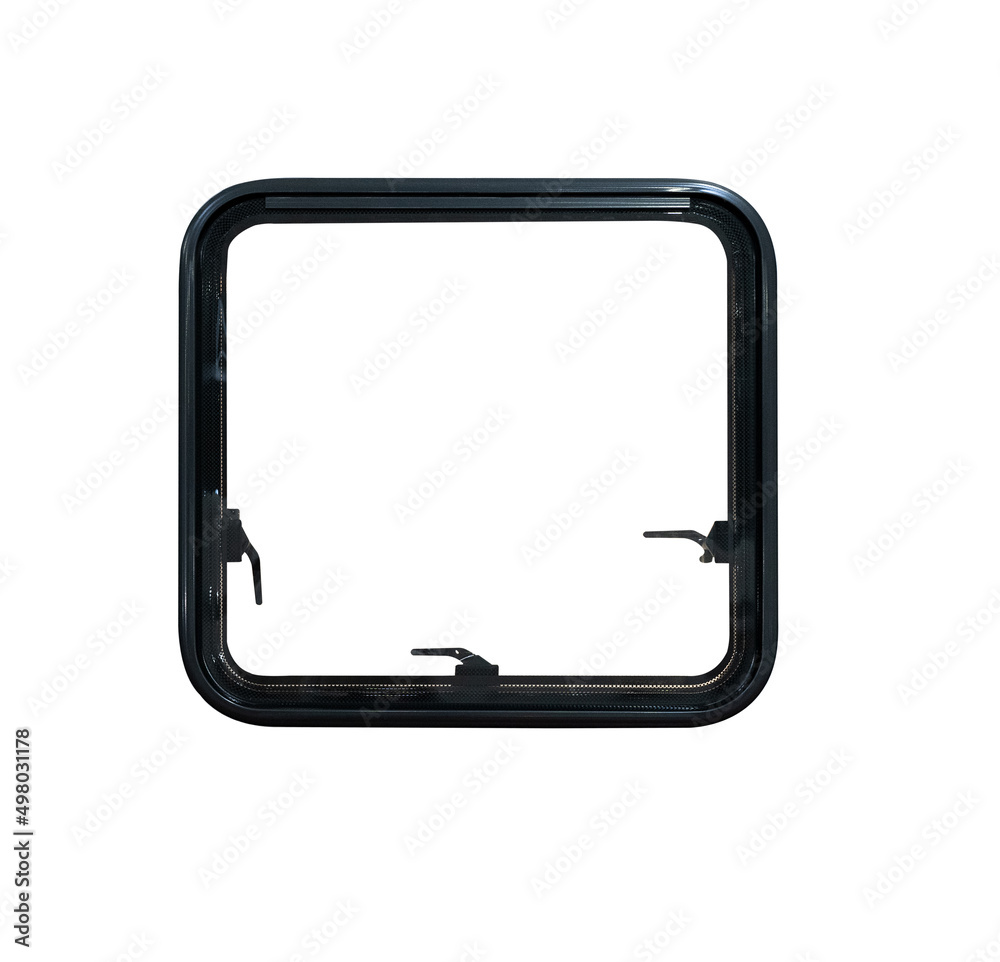 closeup of black camp caravan window hatchet isolated on white background closeup of black camp caravan window hatchet isolated on white background