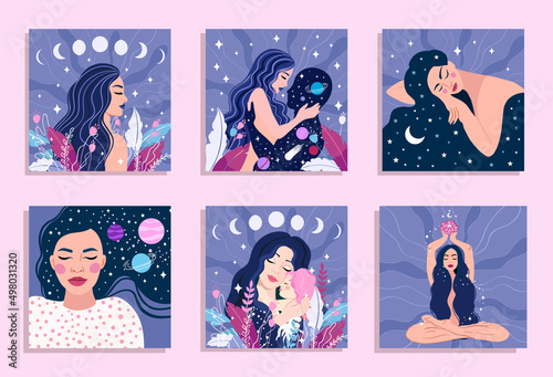 Spiritual girl, space love. dream, thought and meditation concept. vector cards collection photo