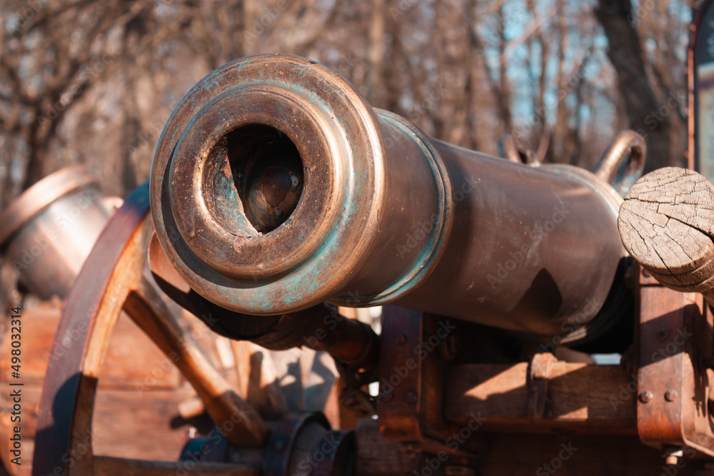 An iron cannon with a wooden mechanism on the park brightly lit with a spring sun against leafless trees An iron cannon with a wooden mechanism on the park brightly lit with a spring sun against leafless trees