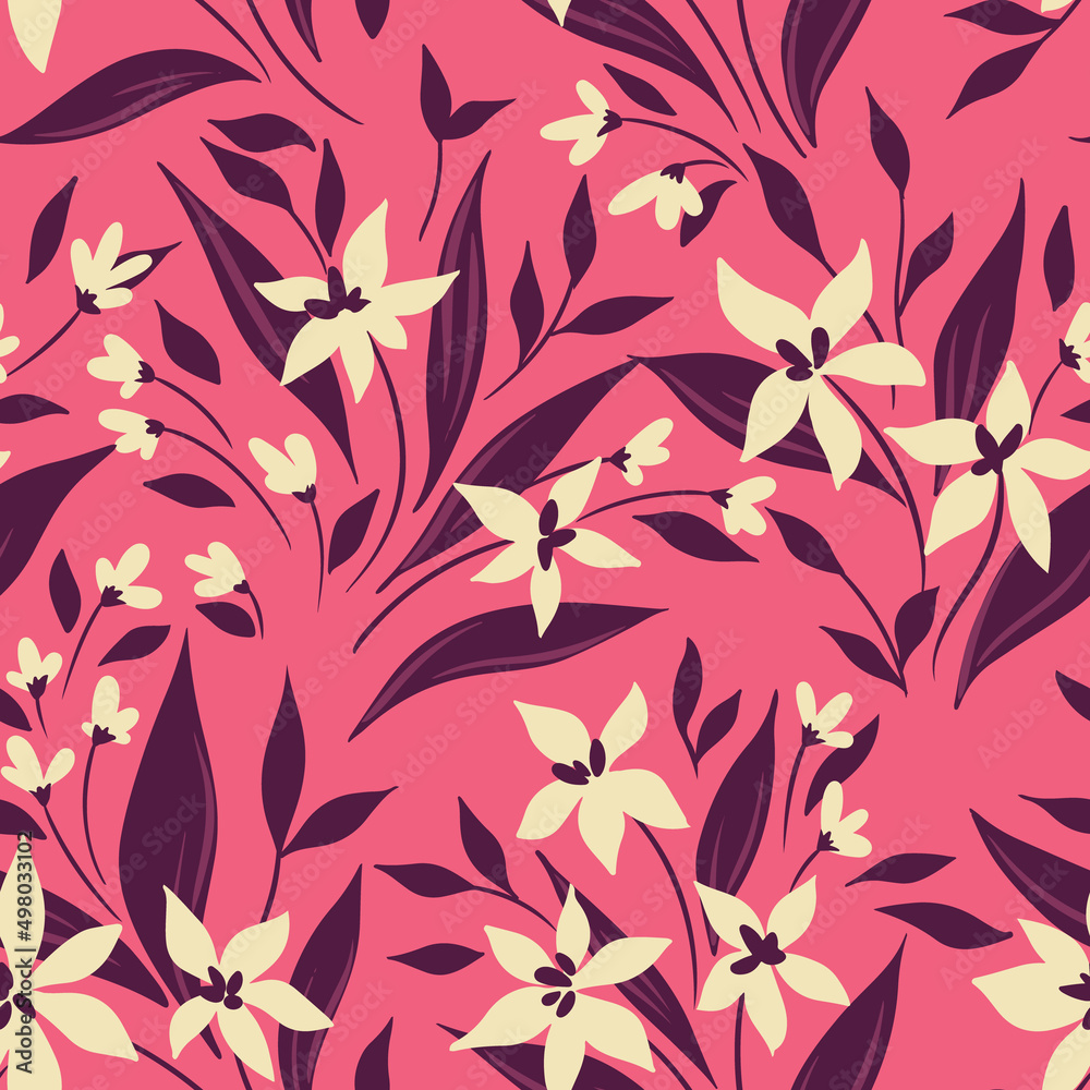 Simple botanical background design with small flower bouquets. Liberty composition of flowers, leaves, twigs on a pink field. Seamless floral pattern, vector illustration.