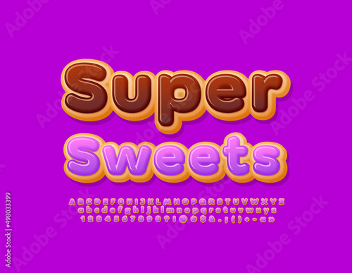 Vector delicious emblem Super Sweets with donut style Font. Lilac glazed tasty Alphabet Letters, Numbers and Symbols set