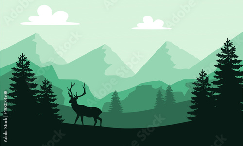 Vector landscape with silhouettes of mountains  trees and deer with green colors.