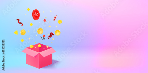 Special offer in shop concept with gift box and confetti. 3d vector illustration