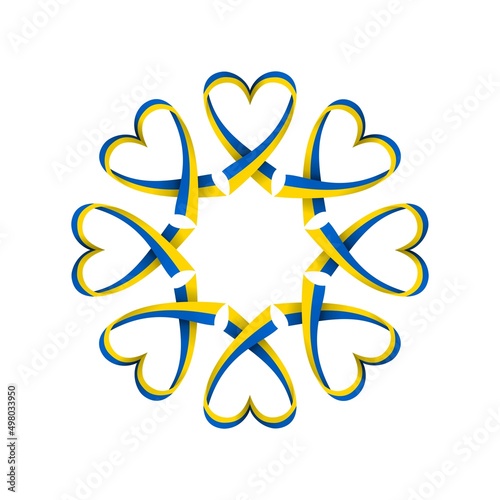 Ukrainian national flag ribbon hearts circle