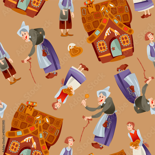The witch, brother, sister and gingerbread house. Сharacters of a German fairy tale “Hansel and Gretel”. Seamless background pattern.
