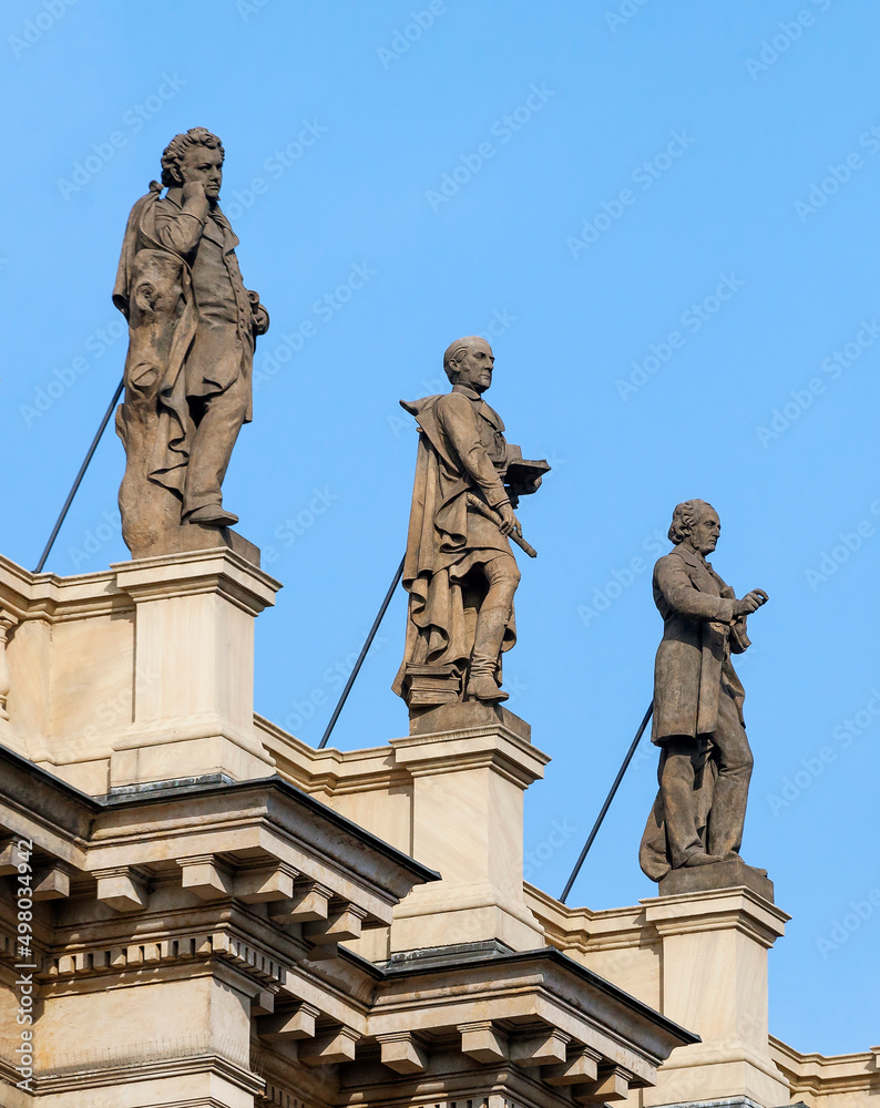 Statues on a balustrade of Concert and gallery center Rudolfinum, Prague