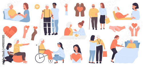Care and support for senior people set vector illustration. Cartoon disabled grandmother sitting in wheelchair, caregiver and old man walking, hands giving heart isolated on white. Retirement concept