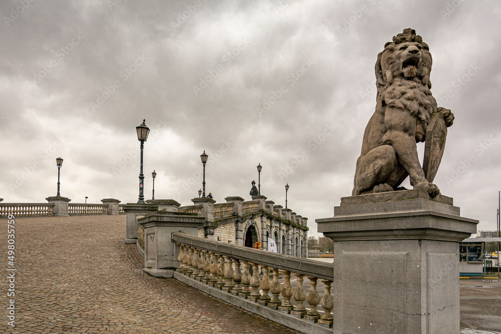 A statue of a lion at the foot bridge in Antwerp in a rainy day