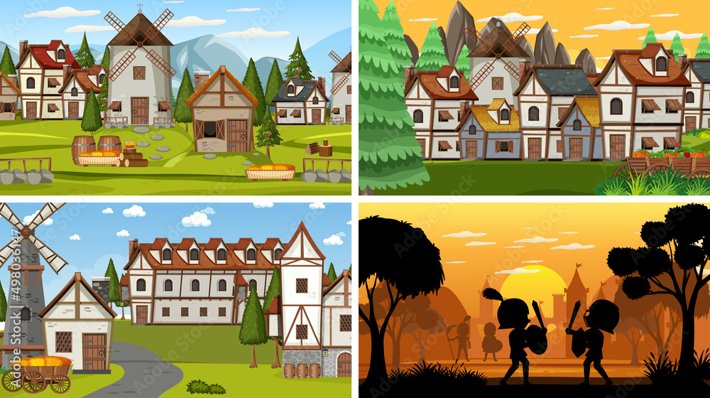 Set of different scene medieval with silhouette Set of different scene medieval with silhouette