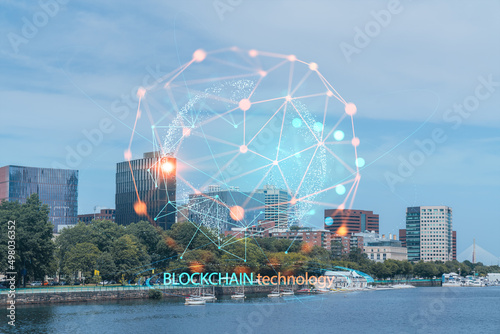 Panoramic picturesque Boston city view skyline and Massachusetts Institute of Technology campus at day time. A technological and educational center. Blockchain and cryptography concept, hologram photo