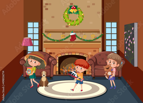 Living room scene with children cartoon character