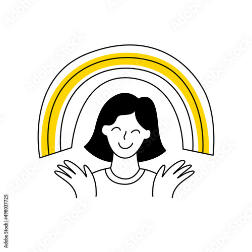 Happy woman holding a rainbow in his hands. Positive vibes, mindfulness, relaxation, meditation, and joy. Thin line vector illustration on white.