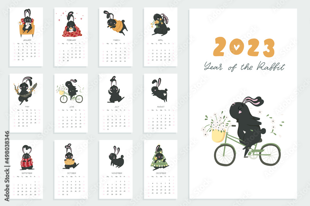 Vertical calendar 2023 with cute rabbit. Cute bunny. The year of the black rabbit according to the Chinese calendar. Cover and 12 pages with seasonal illustrations. Week starts on Sunday. 