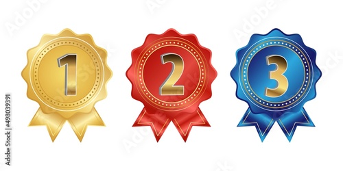 Gold, silver and bronze medals realistic set with ribbons. Winner awards symbols modern concept