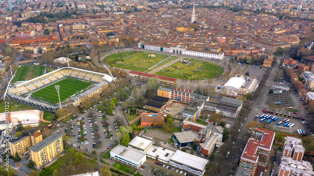 Aerial view on the historic center of Modena and Alberto Braglia stadium. In the center stands the Ghirlandina tower, the symbol of the city.