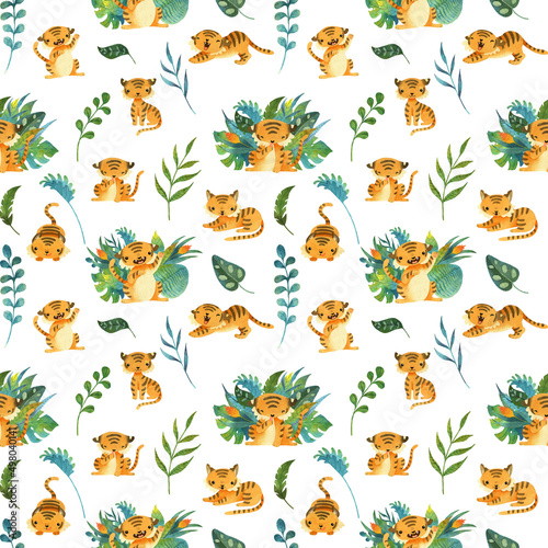 Seamless pattern with watercolor cute little Tiger in tropical Jungle. Bright tropical plants. Isolated on white background