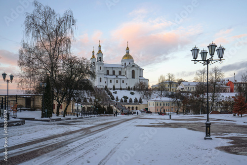 View of the Holy Spirit Monastery and the Holy Dormition Cathedral on the Assumption Mountain on a winter day from Pushkin Street, Vitebsk, Belarus © Ula Ulachka