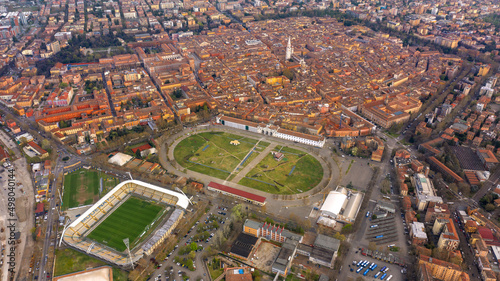 Aerial view on the historic center of Modena and Alberto Braglia stadium. In the center stands the Ghirlandina tower, the symbol of the city.