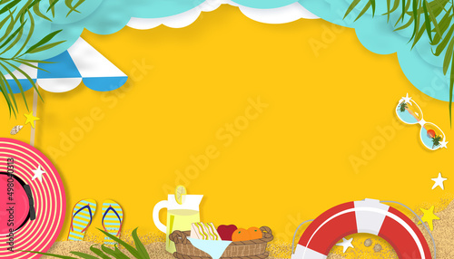 Summer backdrop with beach vacation holiday theme with copy space on yellow background, Vector flat lay banner paper cut of tropical summer design, palm leaf and cloud on blue sky layer