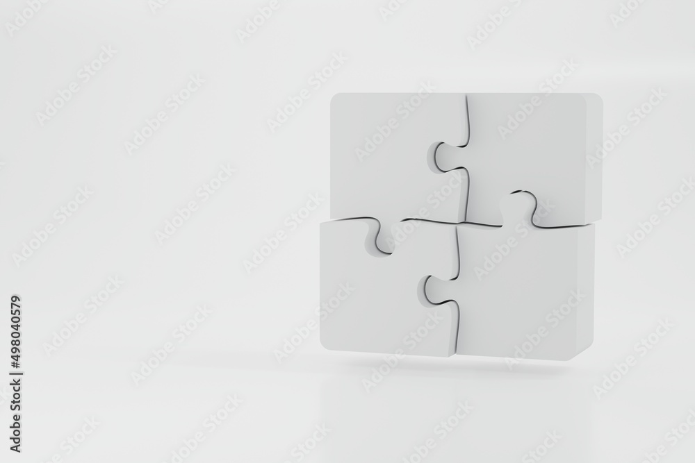 Four pieces of white jigsaw puzzle. Teamwork concept. 3D illustration rendered Four pieces of white jigsaw puzzle. Teamwork concept. 3D illustration rendered